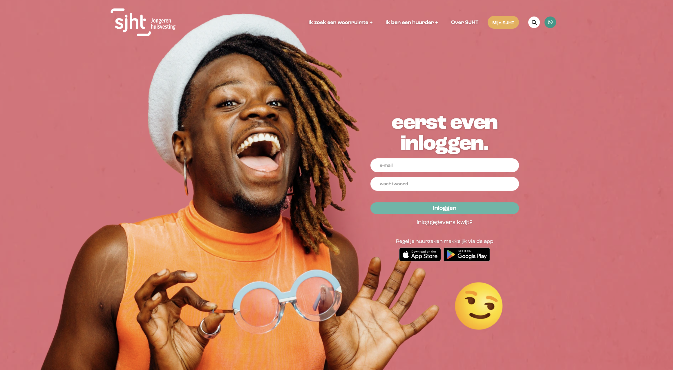 Inloggen op Mijn SJHT, met verwijzingen naar de app in de App Store en Google Play