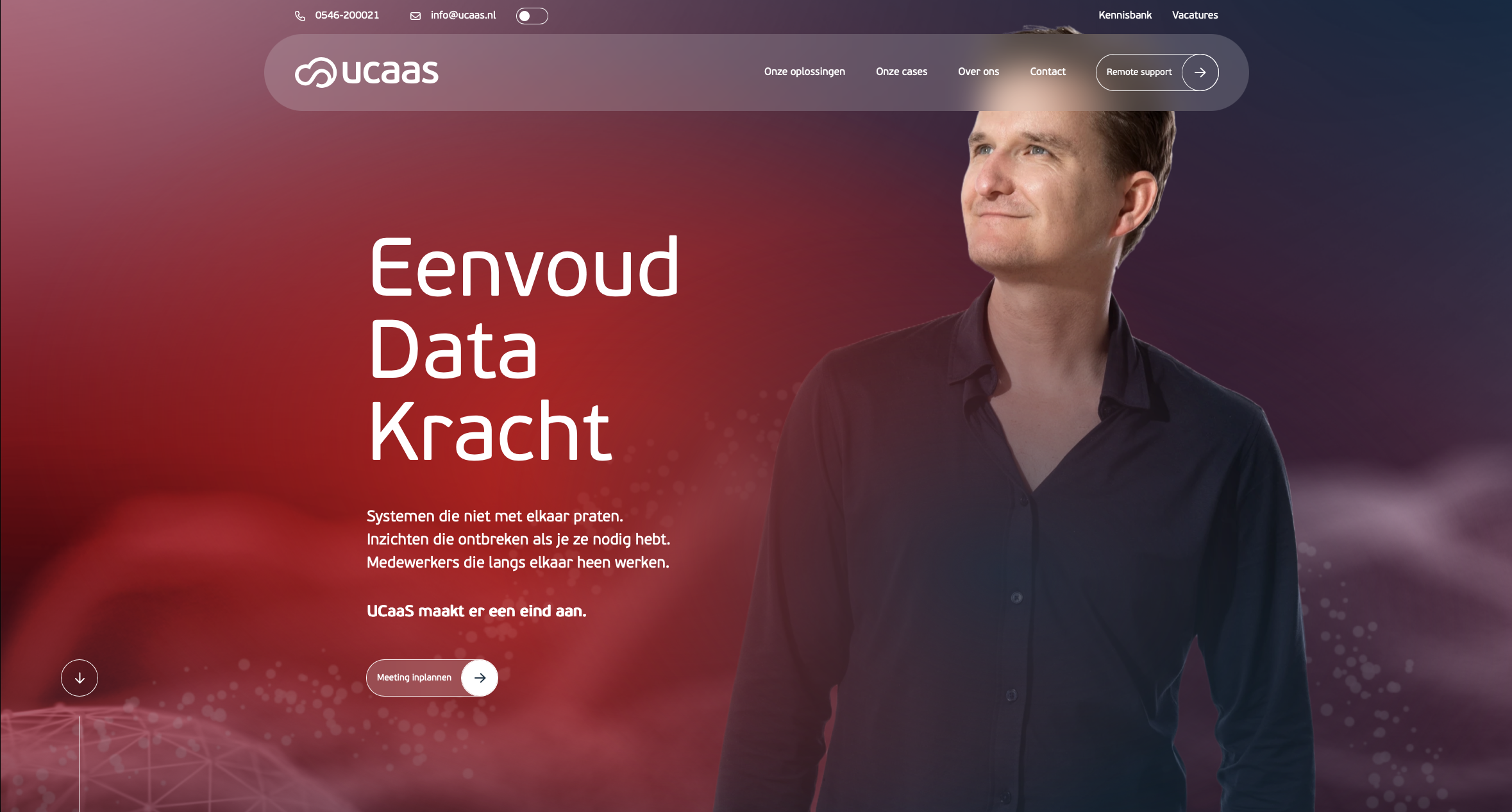 De homepage van ucaas.nl met de kop Eenvoud, Data, Kracht